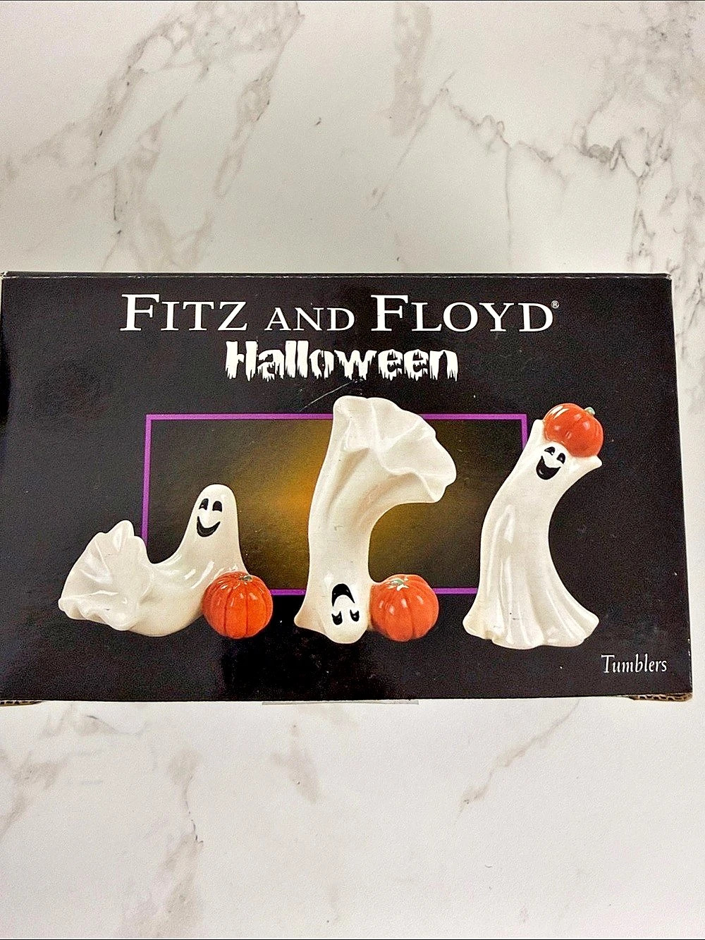 NIB Fitz and Floyd Celebrating Ghosts Tumblers White & Orange